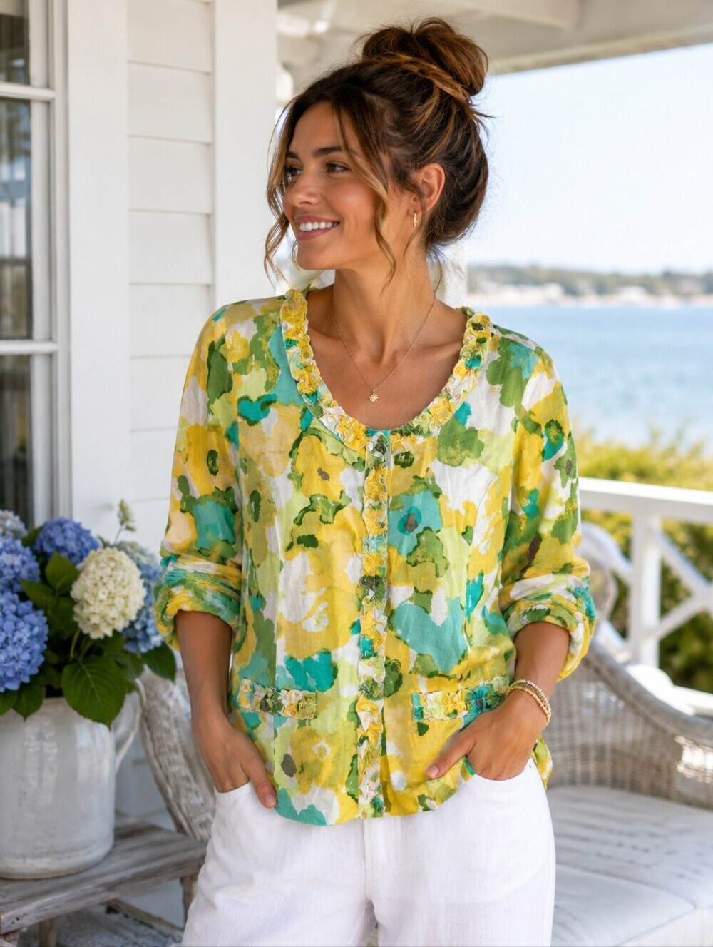 Ruby Rd. Yellow Green Floral Button-Front Blouse